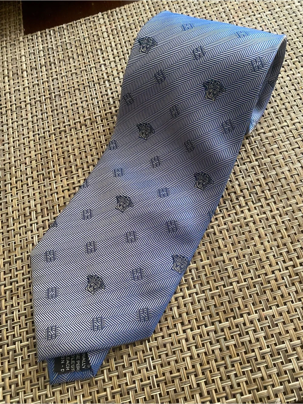 Gianni Versace Tie Mens Blue Silk Medusa Head Greek Key Pattern Italy Luxury